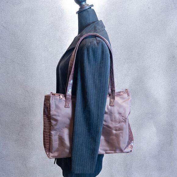 Vintage Y2K Diane von Furstenberg Brown Nylon Faux Croc Trim Tote Bag - Picture 3 of 12